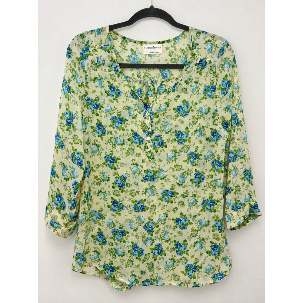 Bobbie Brooks Women L Green Blue Polyester Blouse Floral V Neck Roll Tab Sleeve